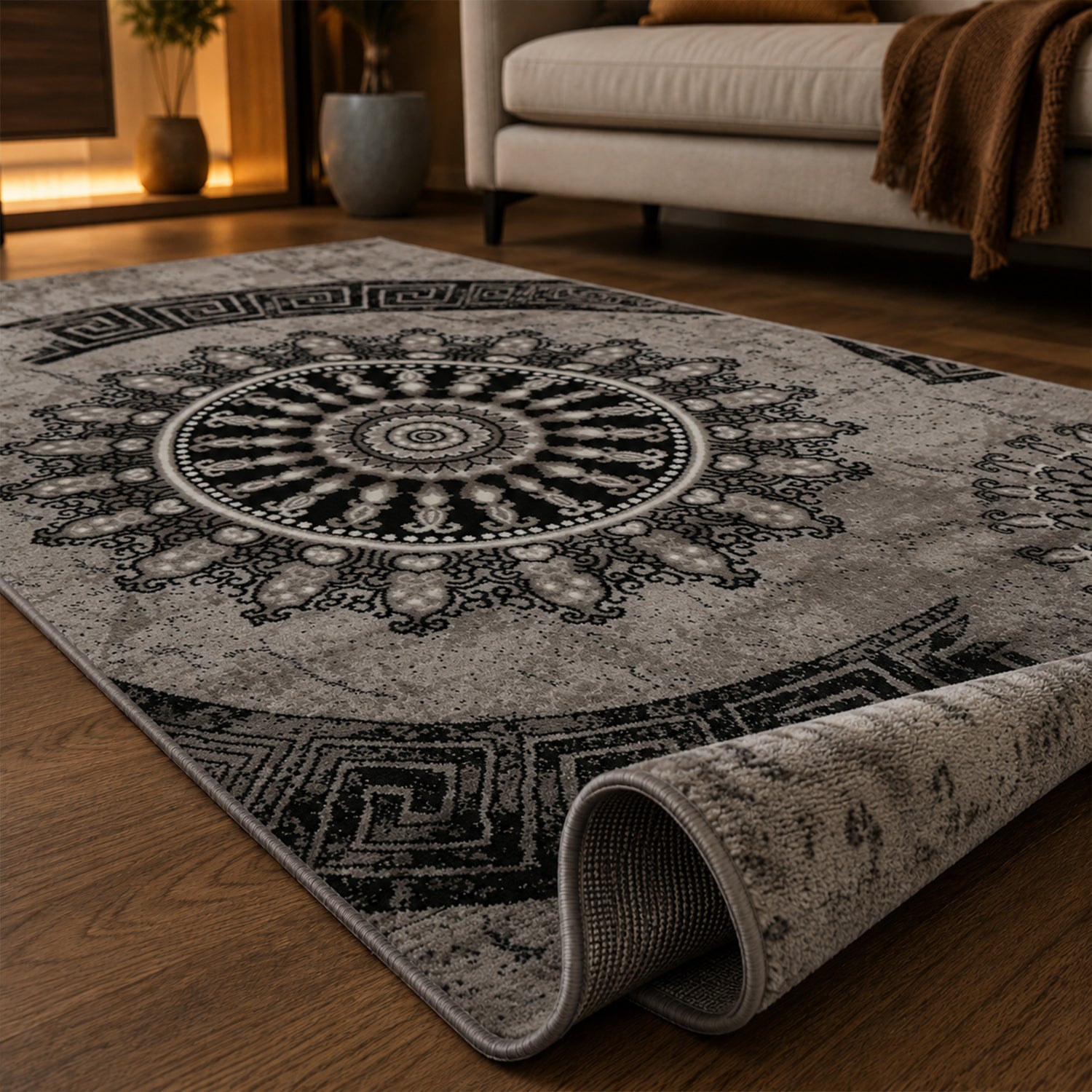 Teppich kurzflor Klassisch Orient Design Vintage Mandala Dunkelbraun Grau Anthrazit, für Wohnzimmer, Schlafzimmer-6