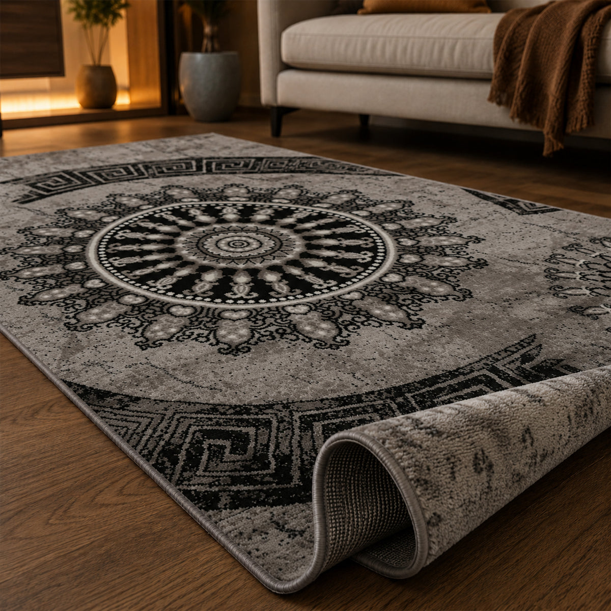 Teppich kurzflor Klassisch Orient Design Vintage Mandala Dunkelbraun Grau Anthrazit, für Wohnzimmer, Schlafzimmer-zoom-6