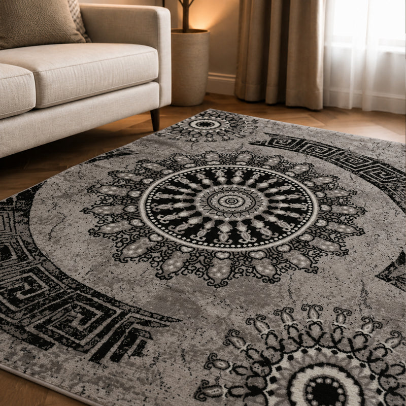 Teppich kurzflor Klassisch Orient Design Vintage Mandala Dunkelbraun Grau Anthrazit, für Wohnzimmer, Schlafzimmer-zoom-