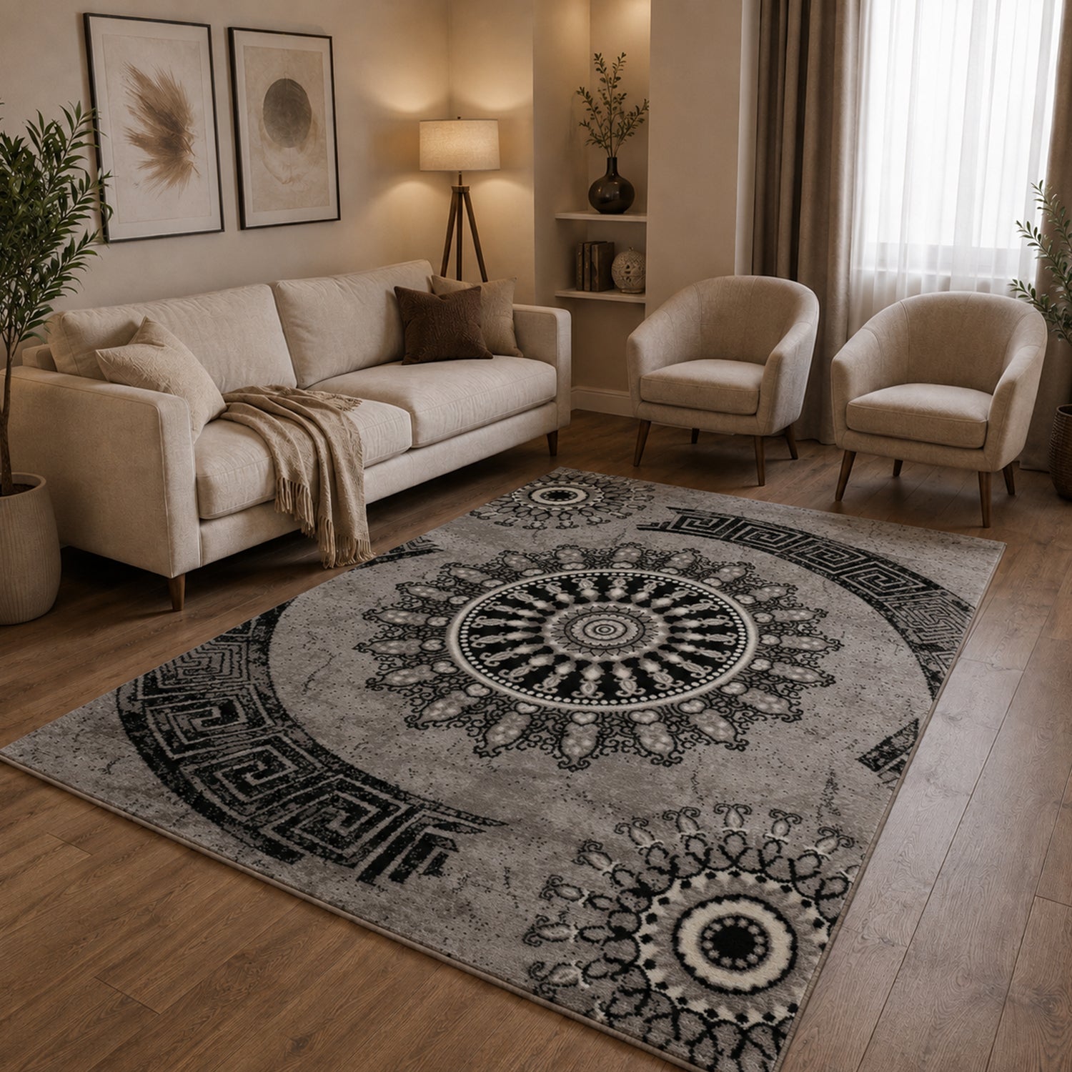Teppich kurzflor Klassisch Orient Design Vintage Mandala Dunkelbraun Grau Anthrazit, für Wohnzimmer, Schlafzimmer-zoom-4