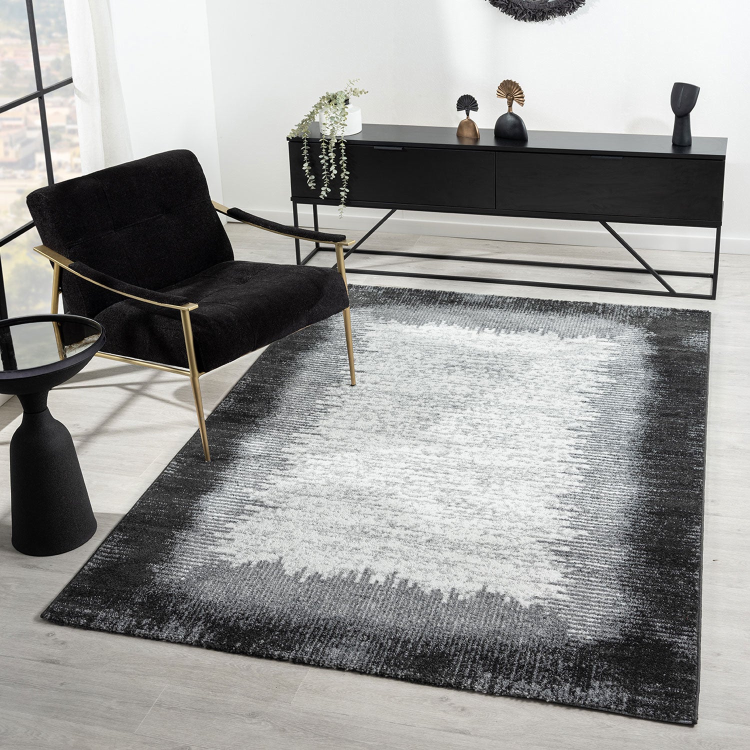 Teppich Wohnzimmer kurzflor Muster Kanten Qualität- Soft Grau / Beige für , Schlafzimmer