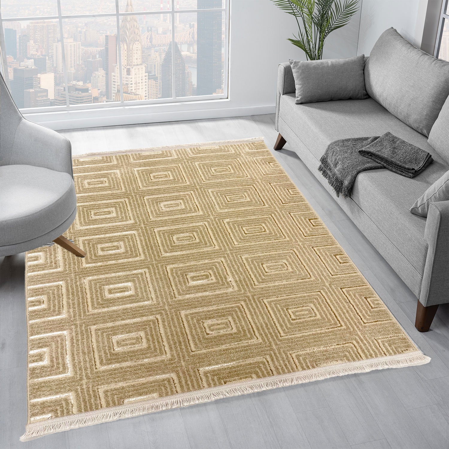 Short-pile carpet for living room, bedroom, hallway, thin, tile look, Lurex 3D, soft