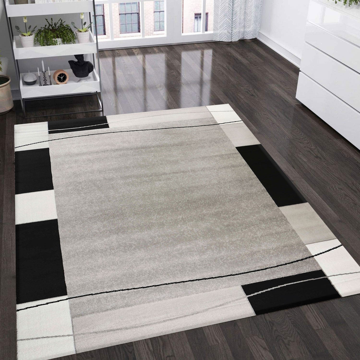 Short-pile rug, modern retro style with grey, black and white border, for living room, bedroom, children's room