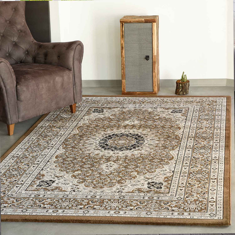 Teppich Wohnzimmer Orient Stil Ornament Bordüre Braun Beige-zoom-