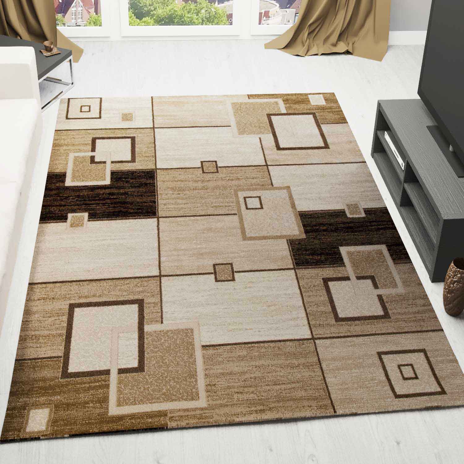 Designer Teppich Wohnzimmer Braun Beige Kariert Retro mit geometrischen Motiven und Farbverlauf-zoom-1