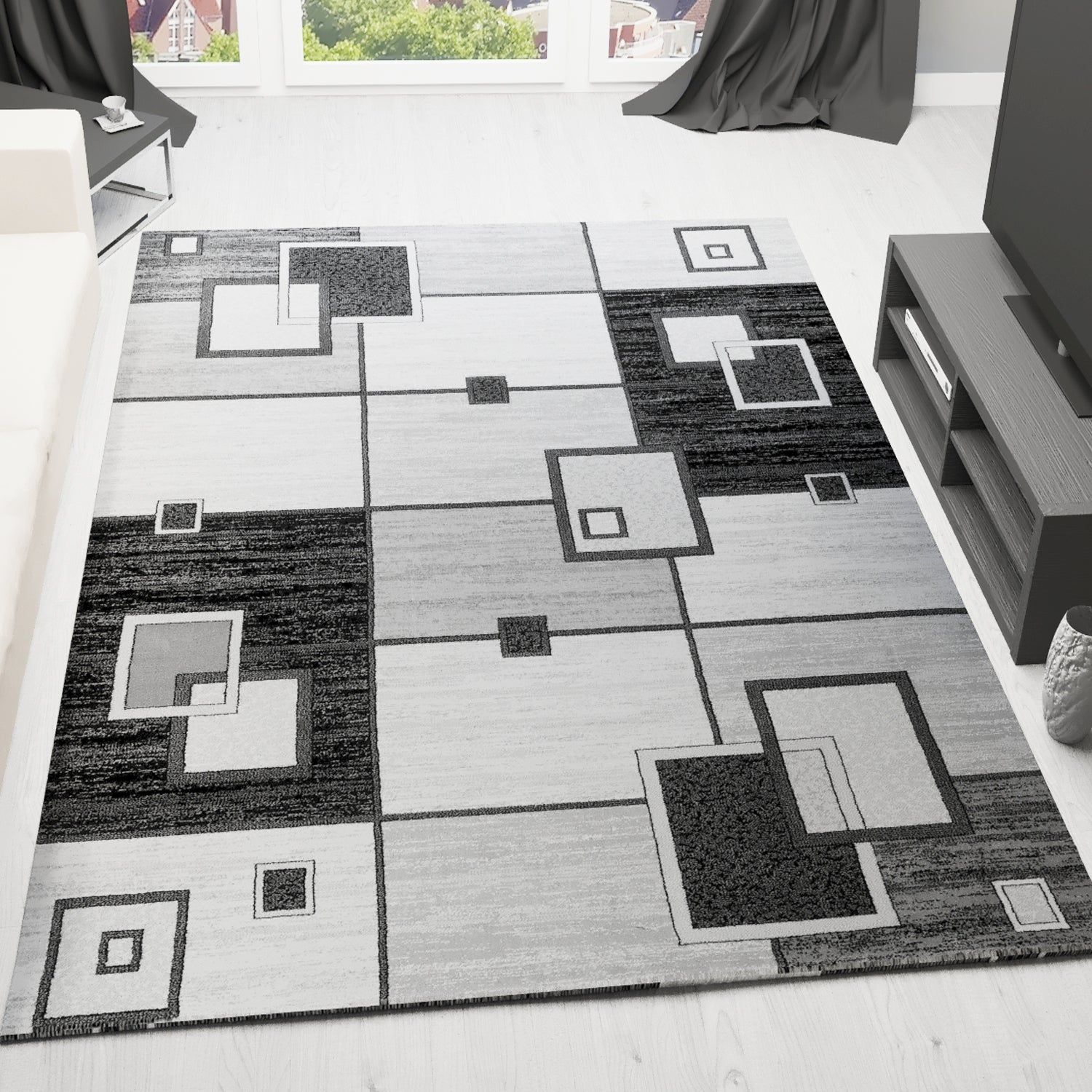 Designer living room rug, grey anthracite checkered retro with geometric motifs and color gradient