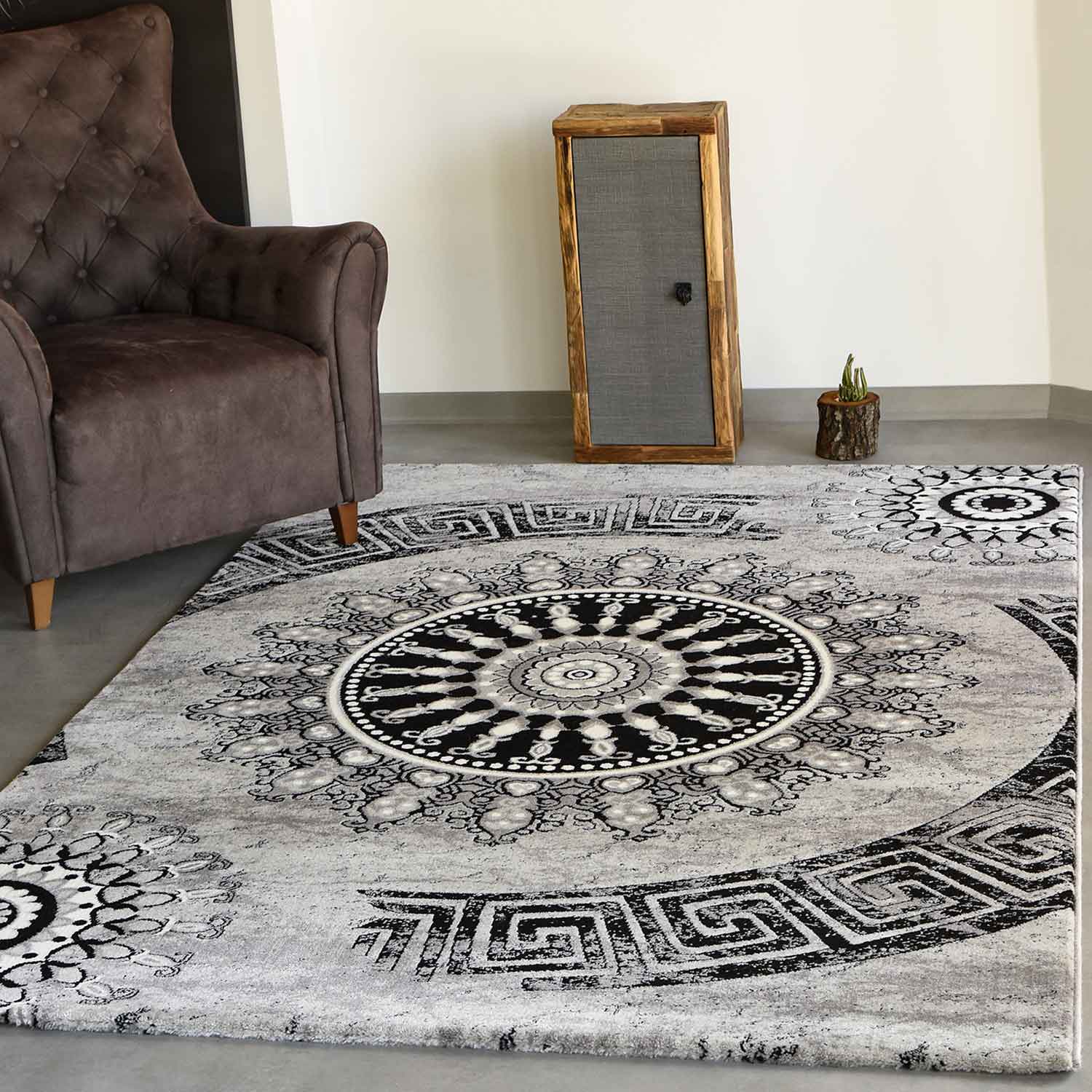 Teppich kurzflor Klassisch Orient Design Vintage Mandala Dunkelbraun Grau Anthrazit, für Wohnzimmer, Schlafzimmer-zoom-1