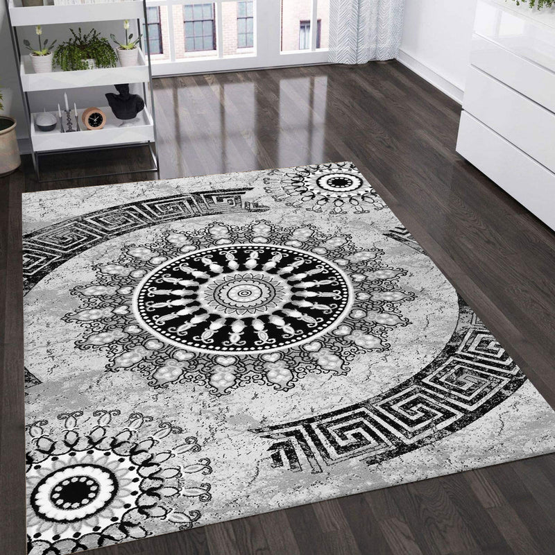 Teppich kurzflor Klassisch Orient Design Vintage Mandala Dunkelbraun Grau Anthrazit, für Wohnzimmer, Schlafzimmer-zoom-