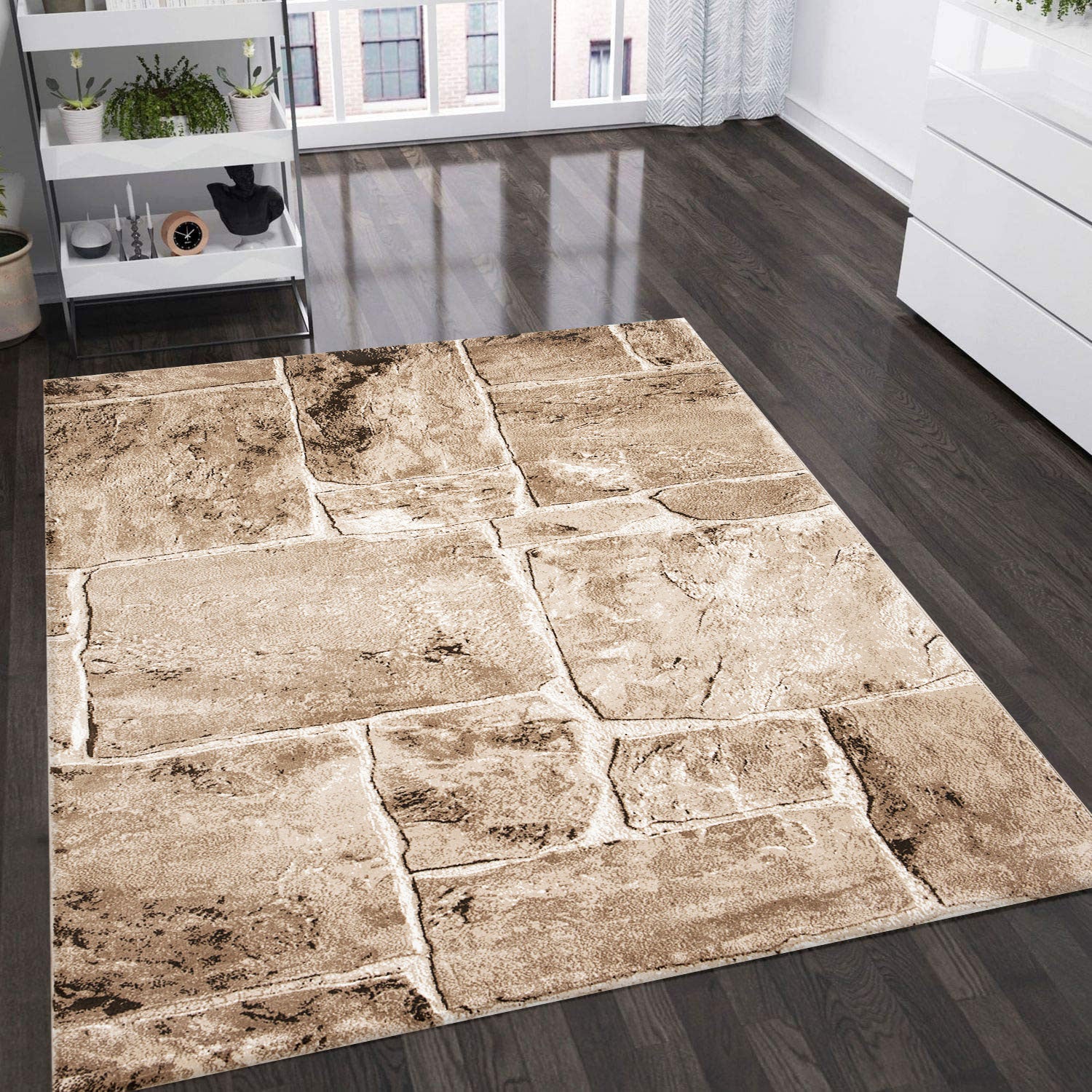 Tibet7413 Beige Classic Tibetan Rug, with Stone Wall Pattern-1