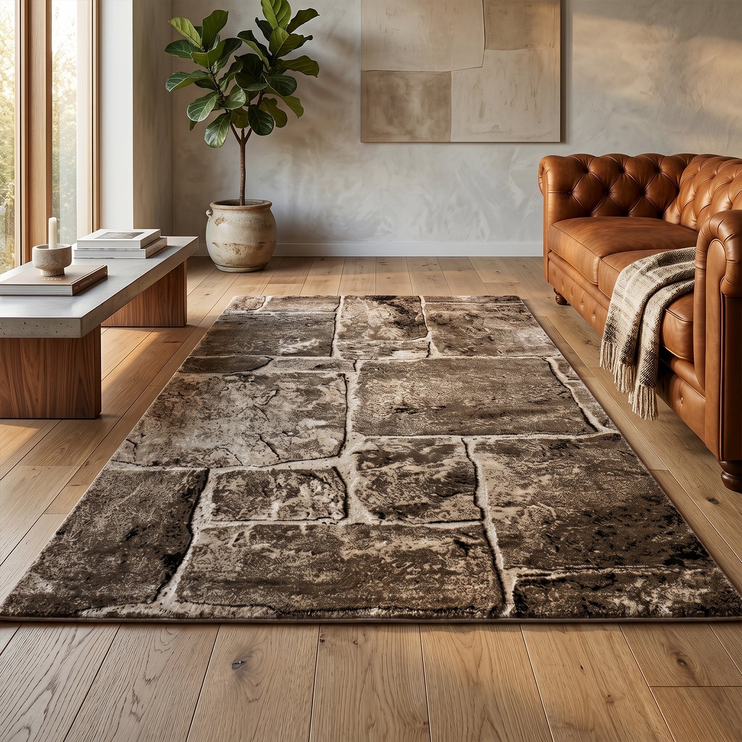 Tibet7413 Beige Klassischer Tibet Teppich, mit Stein Mauer Muster-1