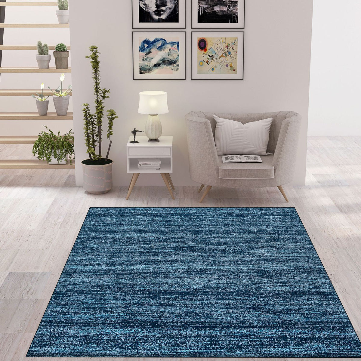 Modern solid color living room rug, woven carpet in dark blue, short pile, mottled, colorfast