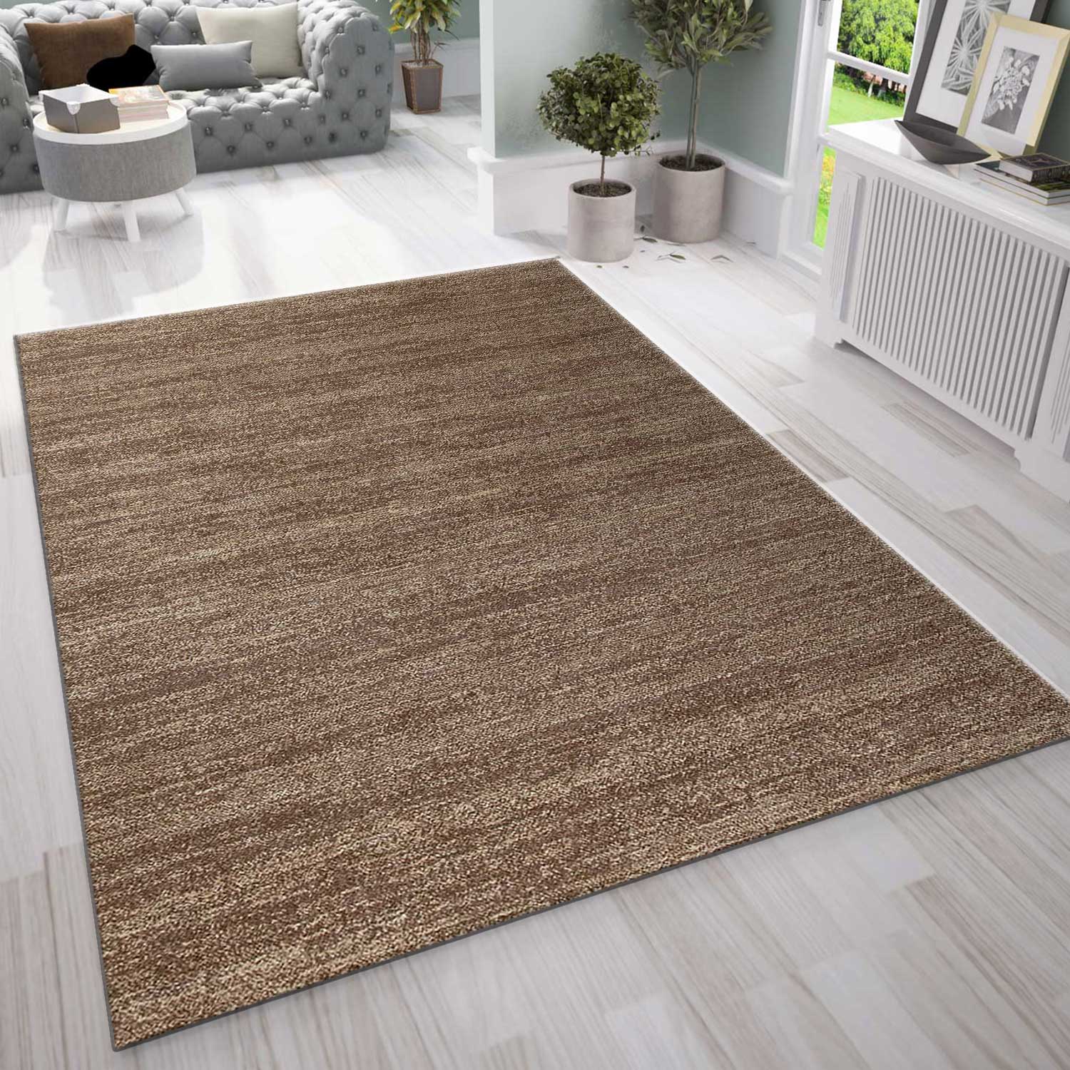 Modern living room rug, brown, short pile, solid color, mottled, colorfast, easy to care for