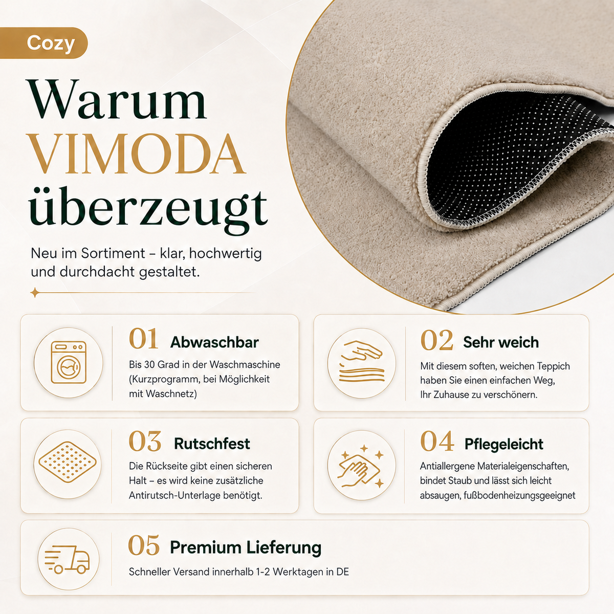 Waschbarer Kurzflor Teppich, rutschfest & weich, Einfarbig für Wohnzimmer, Schlafzimmer, Küche & Kinderzimmer-13