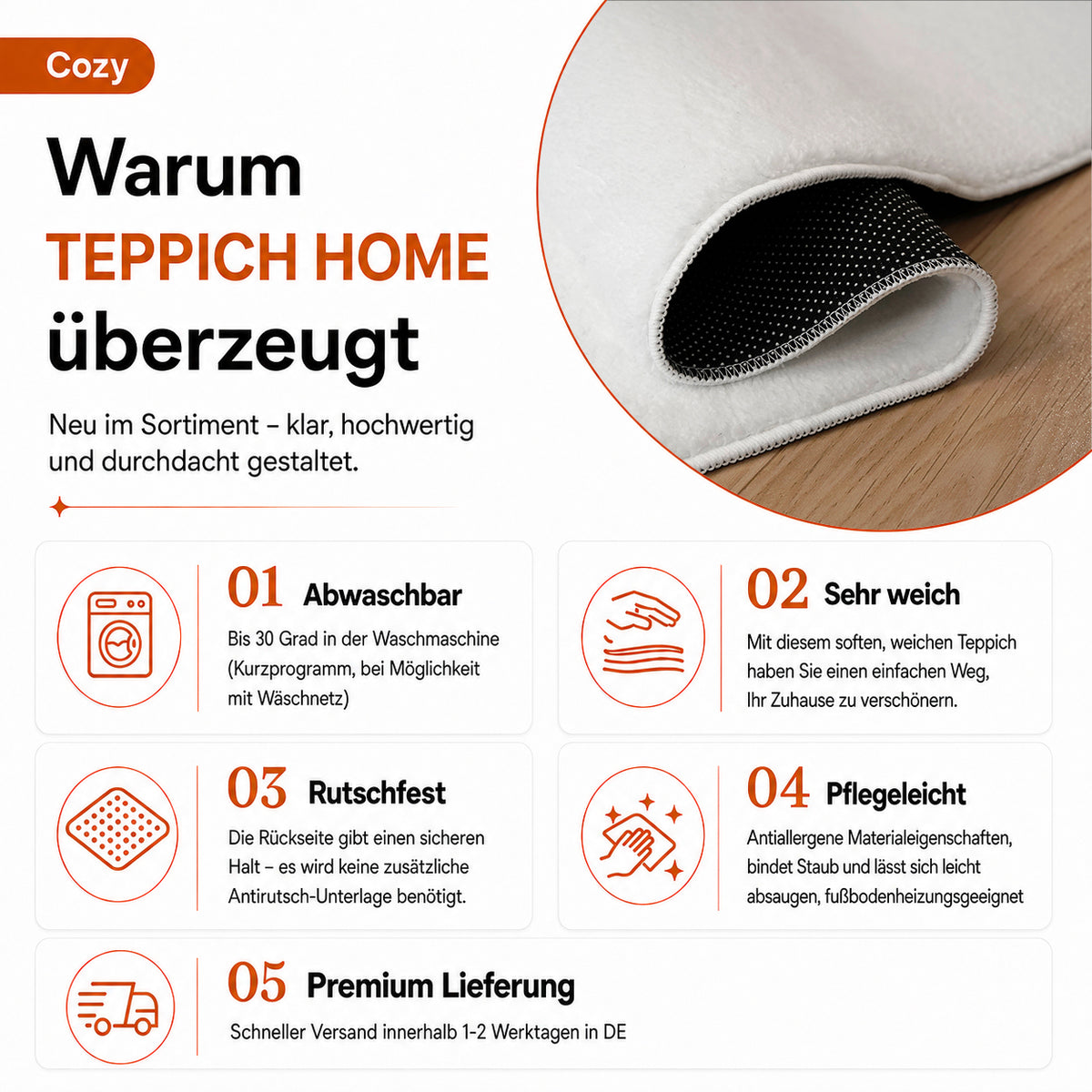 Waschbarer Kurzflor Teppich, rutschfest & weich, Einfarbig für Wohnzimmer, Schlafzimmer, Küche & Kinderzimmer-zoom-12