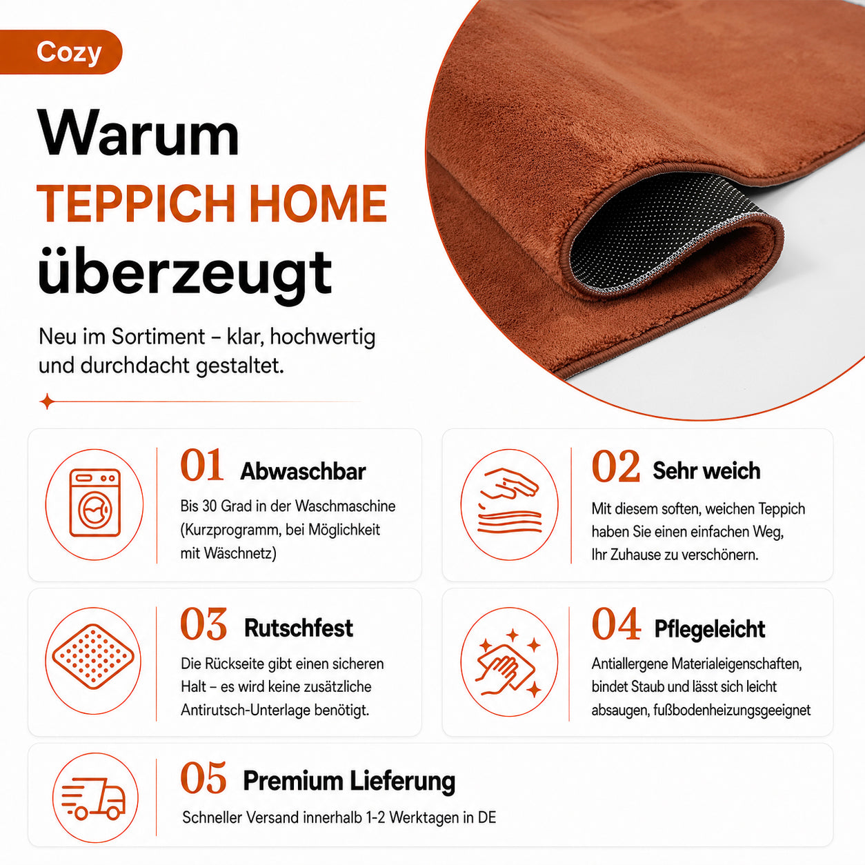 Waschbarer Kurzflor Teppich, rutschfest & weich, Einfarbig für Wohnzimmer, Schlafzimmer, Küche & Kinderzimmer-18