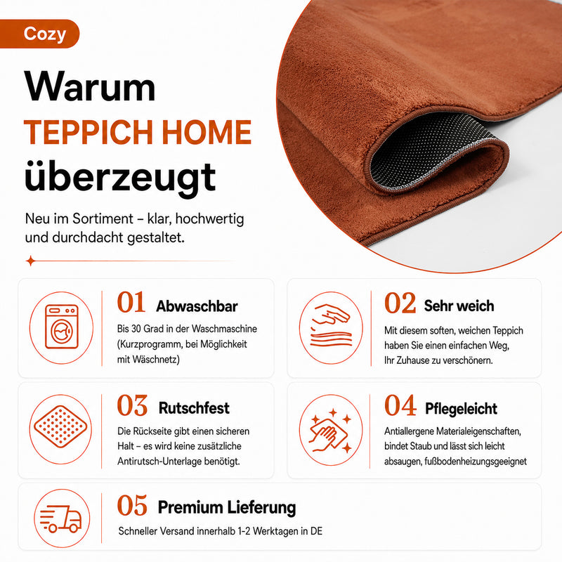 Waschbarer Kurzflor Teppich, rutschfest & weich, Einfarbig für Wohnzimmer, Schlafzimmer, Küche & Kinderzimmer-zoom-