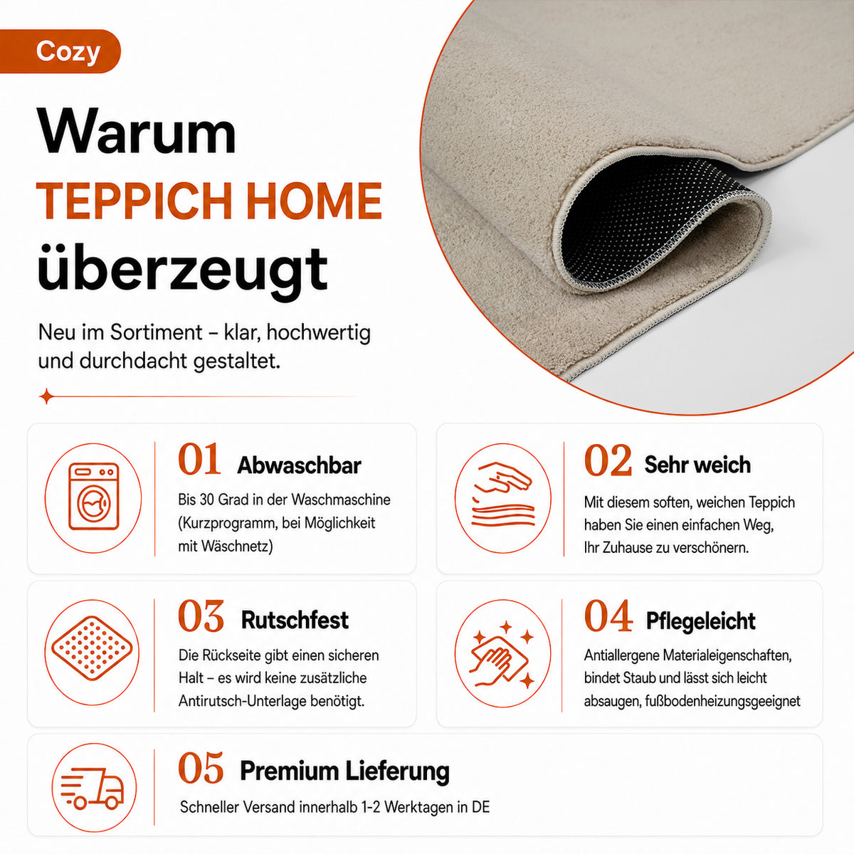 Waschbarer Kurzflor Teppich, rutschfest & weich, Einfarbig für Wohnzimmer, Schlafzimmer, Küche & Kinderzimmer-zoom-52