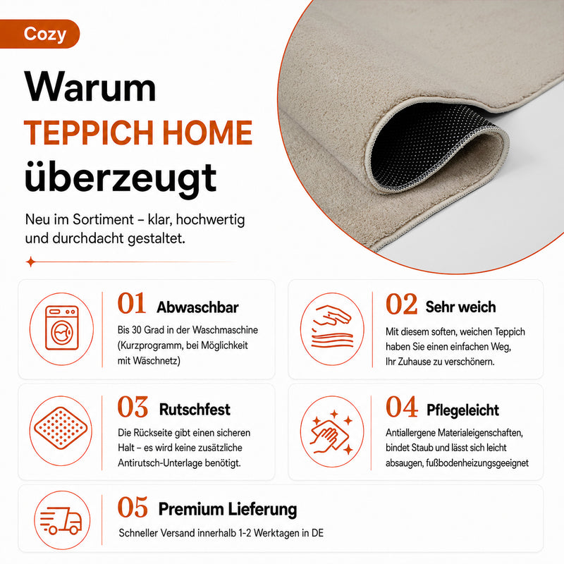 Waschbarer Kurzflor Teppich, rutschfest & weich, Einfarbig für Wohnzimmer, Schlafzimmer, Küche & Kinderzimmer-zoom-