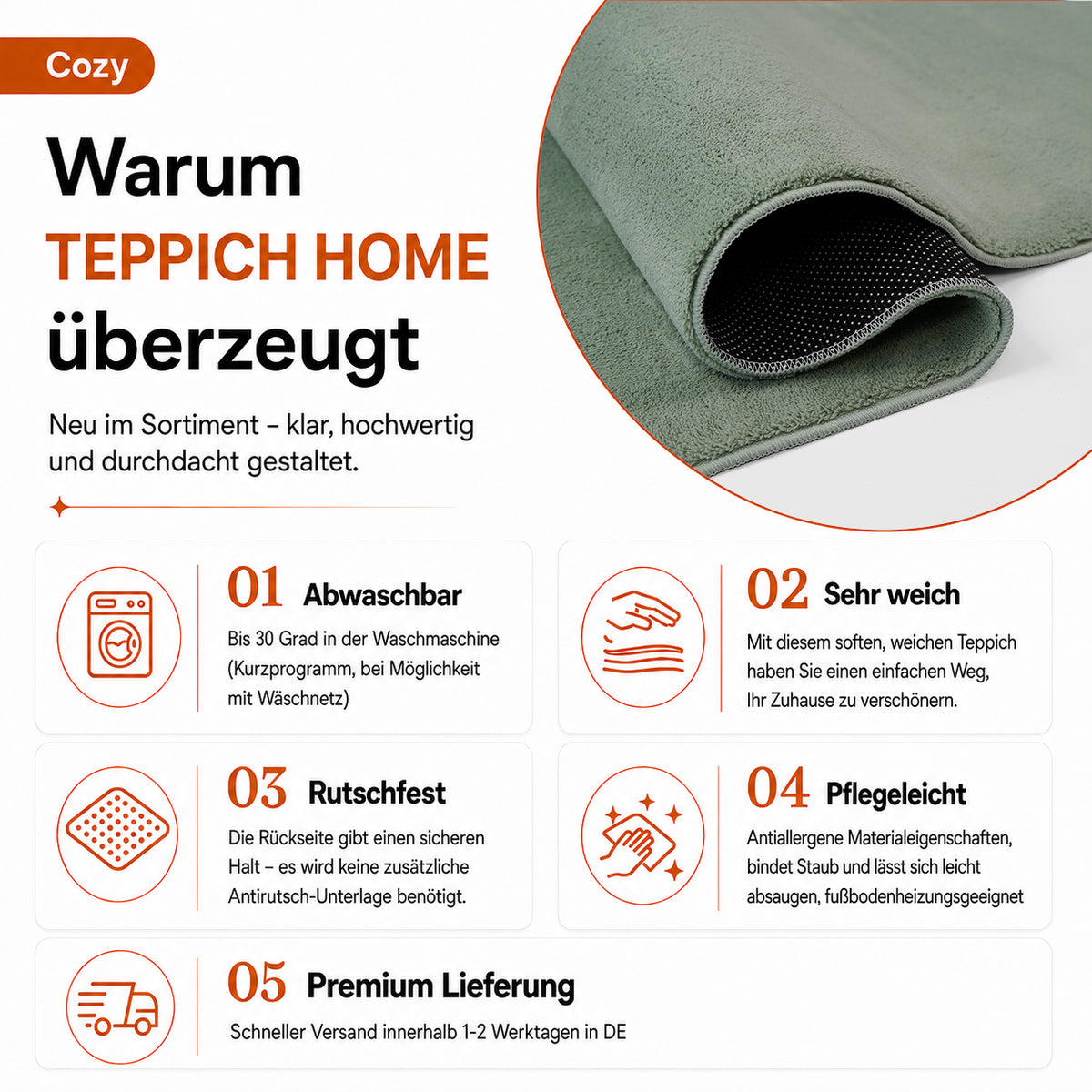 Waschbarer Kurzflor Teppich, rutschfest & weich, Einfarbig für Wohnzimmer, Schlafzimmer, Küche & Kinderzimmer-30