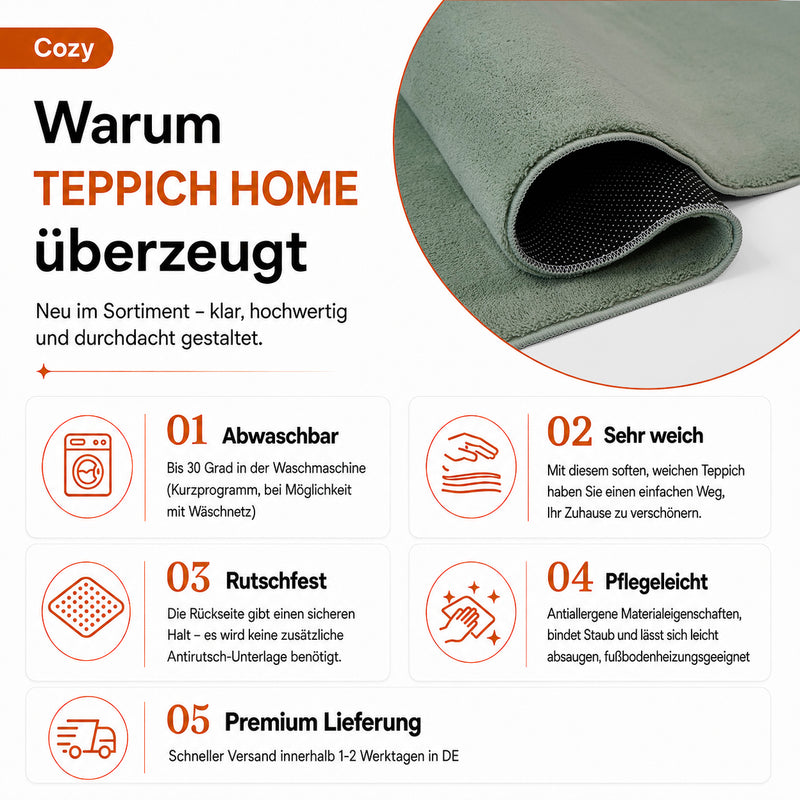 Waschbarer Kurzflor Teppich, rutschfest & weich, Einfarbig für Wohnzimmer, Schlafzimmer, Küche & Kinderzimmer-zoom-