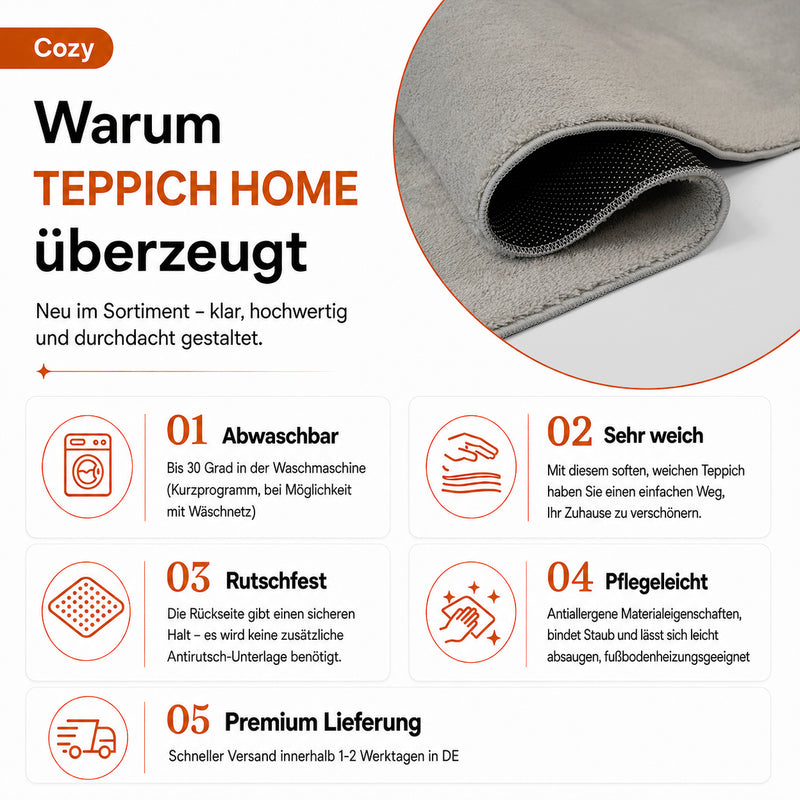 Waschbarer Kurzflor Teppich, rutschfest & weich, Einfarbig für Wohnzimmer, Schlafzimmer, Küche & Kinderzimmer-zoom-