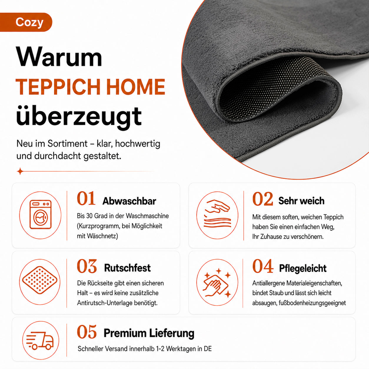 Waschbarer Kurzflor Teppich, rutschfest & weich, Einfarbig für Wohnzimmer, Schlafzimmer, Küche & Kinderzimmer-zoom-58