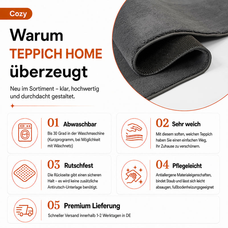 Waschbarer Kurzflor Teppich, rutschfest & weich, Einfarbig für Wohnzimmer, Schlafzimmer, Küche & Kinderzimmer-zoom-