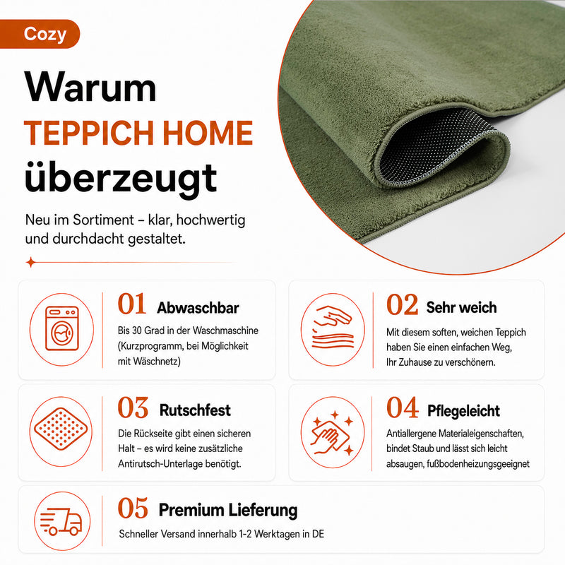 Waschbarer Kurzflor Teppich, rutschfest & weich, Einfarbig für Wohnzimmer, Schlafzimmer, Küche & Kinderzimmer-zoom-