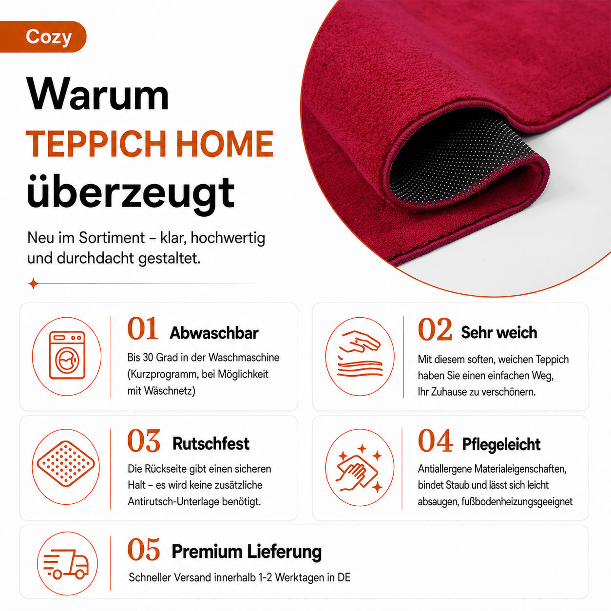 Waschbarer Kurzflor Teppich, rutschfest & weich, Einfarbig für Wohnzimmer, Schlafzimmer, Küche & Kinderzimmer-zoom-41
