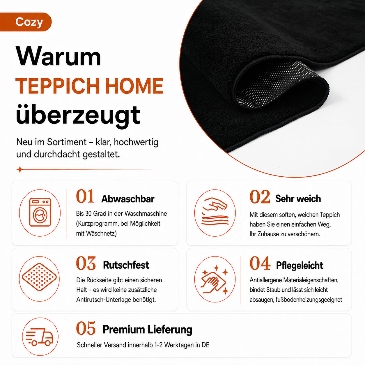 Waschbarer Kurzflor Teppich, rutschfest & weich, Einfarbig für Wohnzimmer, Schlafzimmer, Küche & Kinderzimmer-6