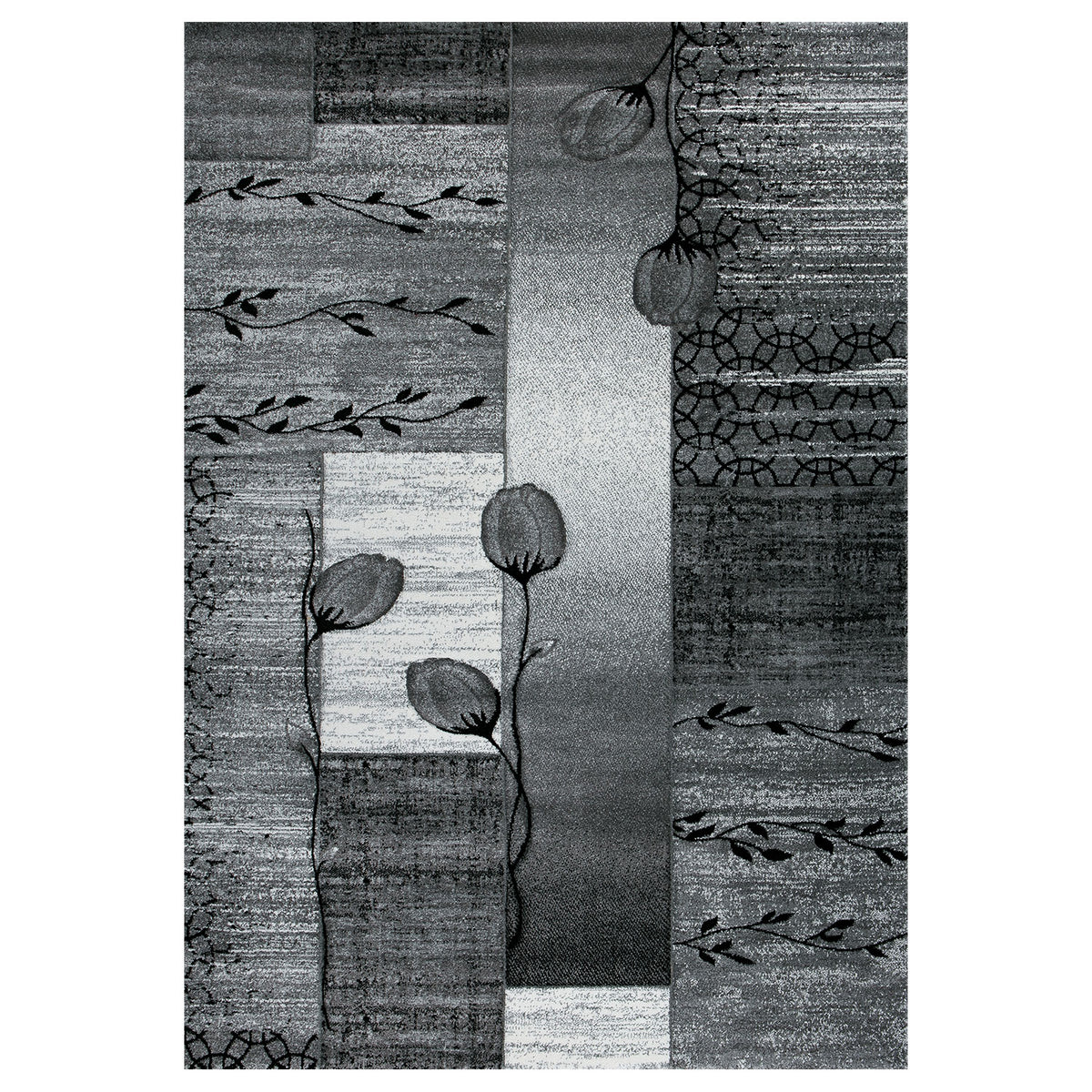 Designer Teppich Grau Schwarz Creme Blumenmotiv meliert und Konturenschnitt von Hand