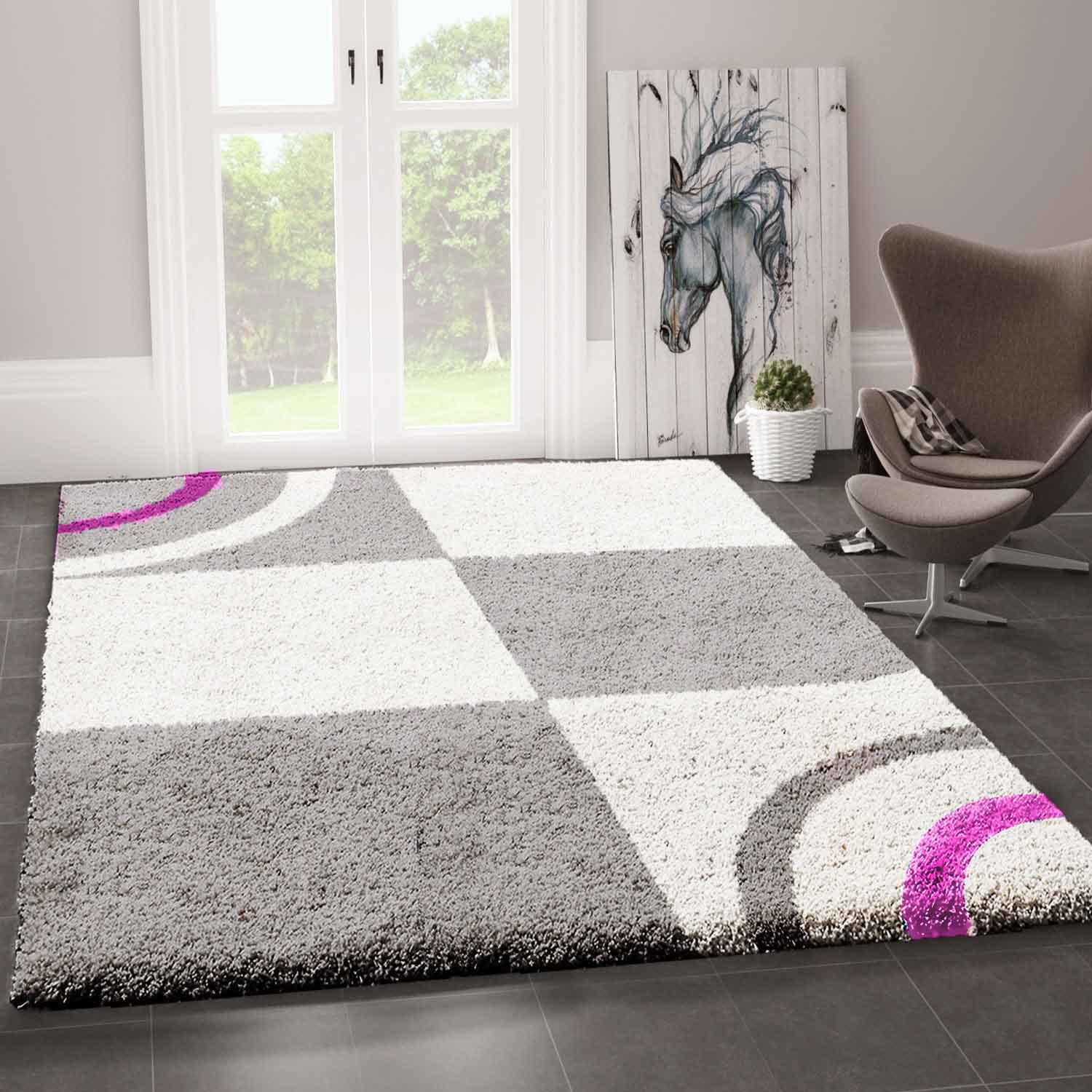 Wohnzimmer Teppich Hochflor Shaggy  Deko kariert streifen Lila Creme Grau Pflegeleicht Modern