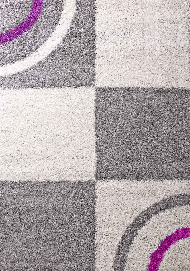 Living room rug high-pile shaggy decor checkered striped purple cream grey easy-care modern-zoom-
