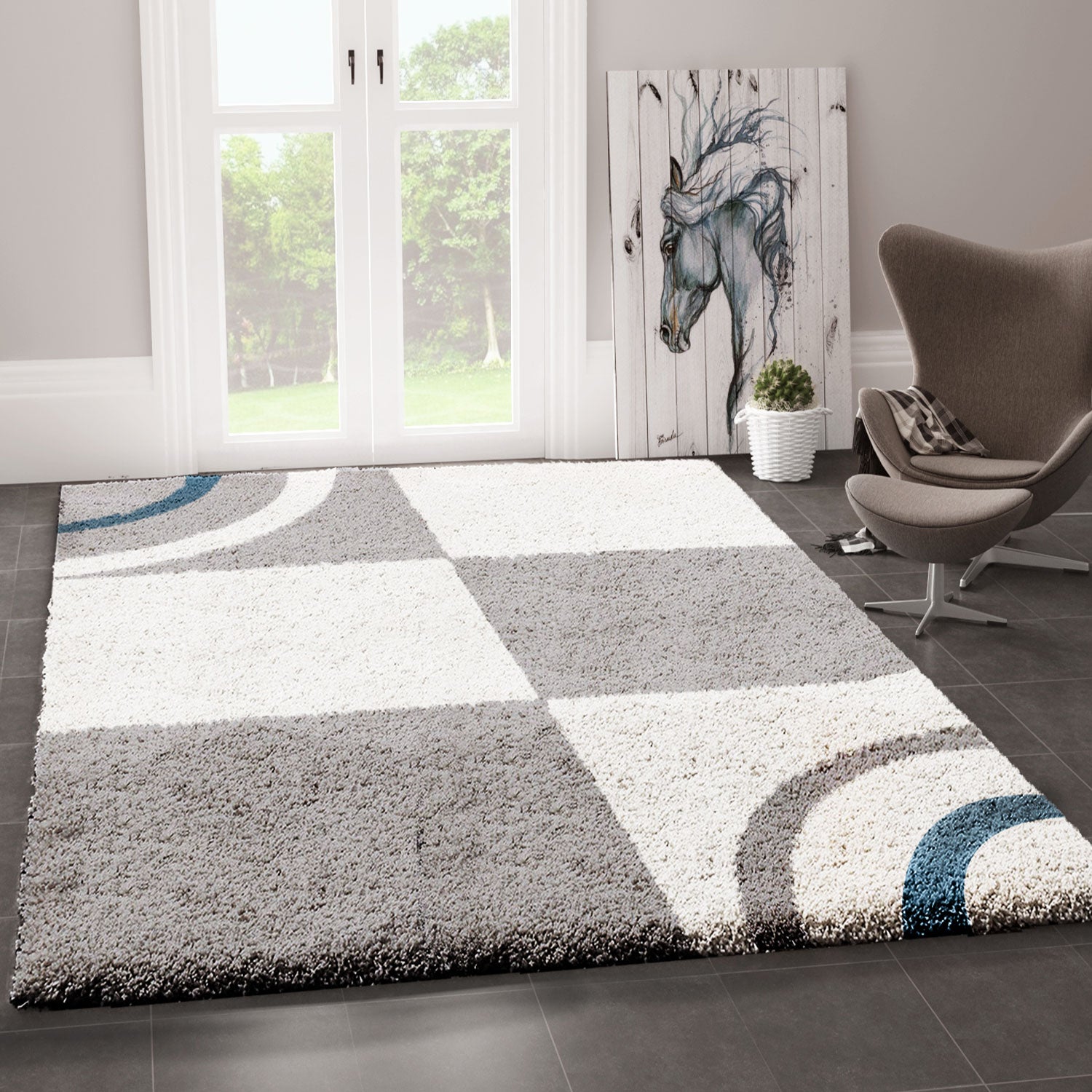 Wohnzimmer Teppich Hochflor Shaggy  Deko kariert streifen Turkis Creme Grau Pflegeleicht Modern-zoom-1