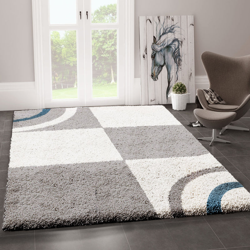 Wohnzimmer Teppich Hochflor Shaggy  Deko kariert streifen Turkis Creme Grau Pflegeleicht Modern-zoom-