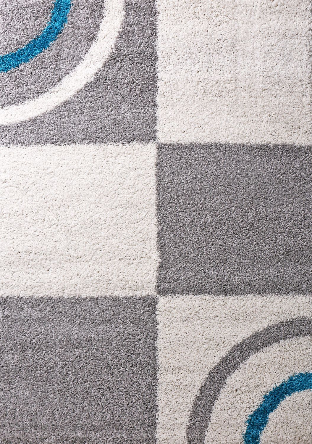 Living room rug, high pile, shaggy, decorative, checkered, striped, turquoise, cream, grey, easy care, modern