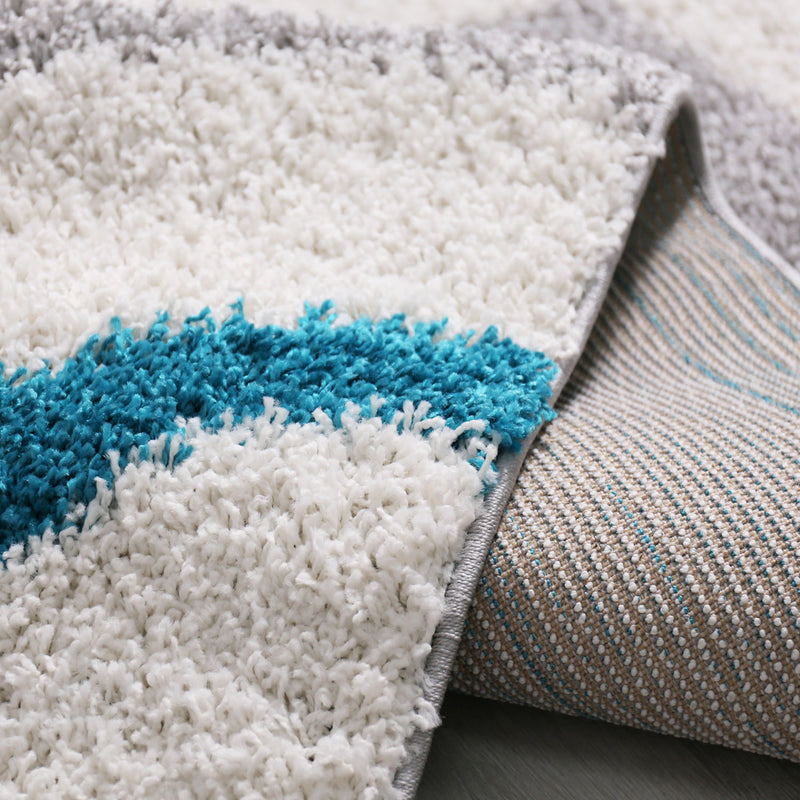 Wohnzimmer Teppich Hochflor Shaggy  Deko kariert streifen Turkis Creme Grau Pflegeleicht Modern-zoom-
