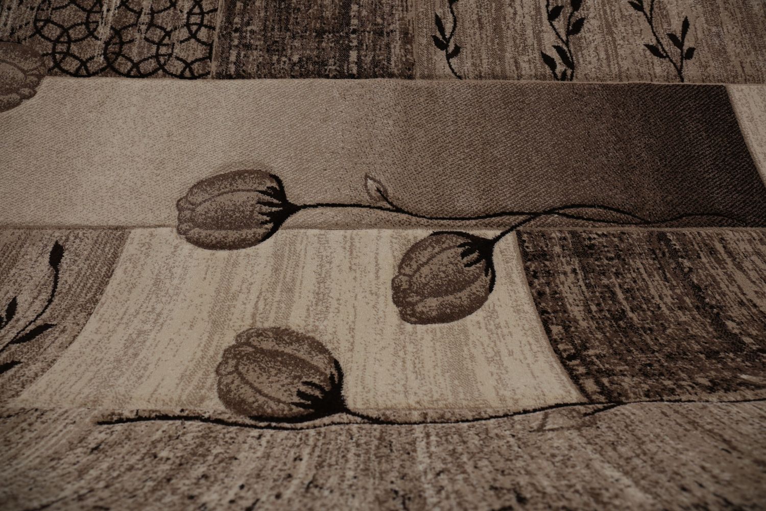 Designer living room rug in natural beige and brown with floral motif