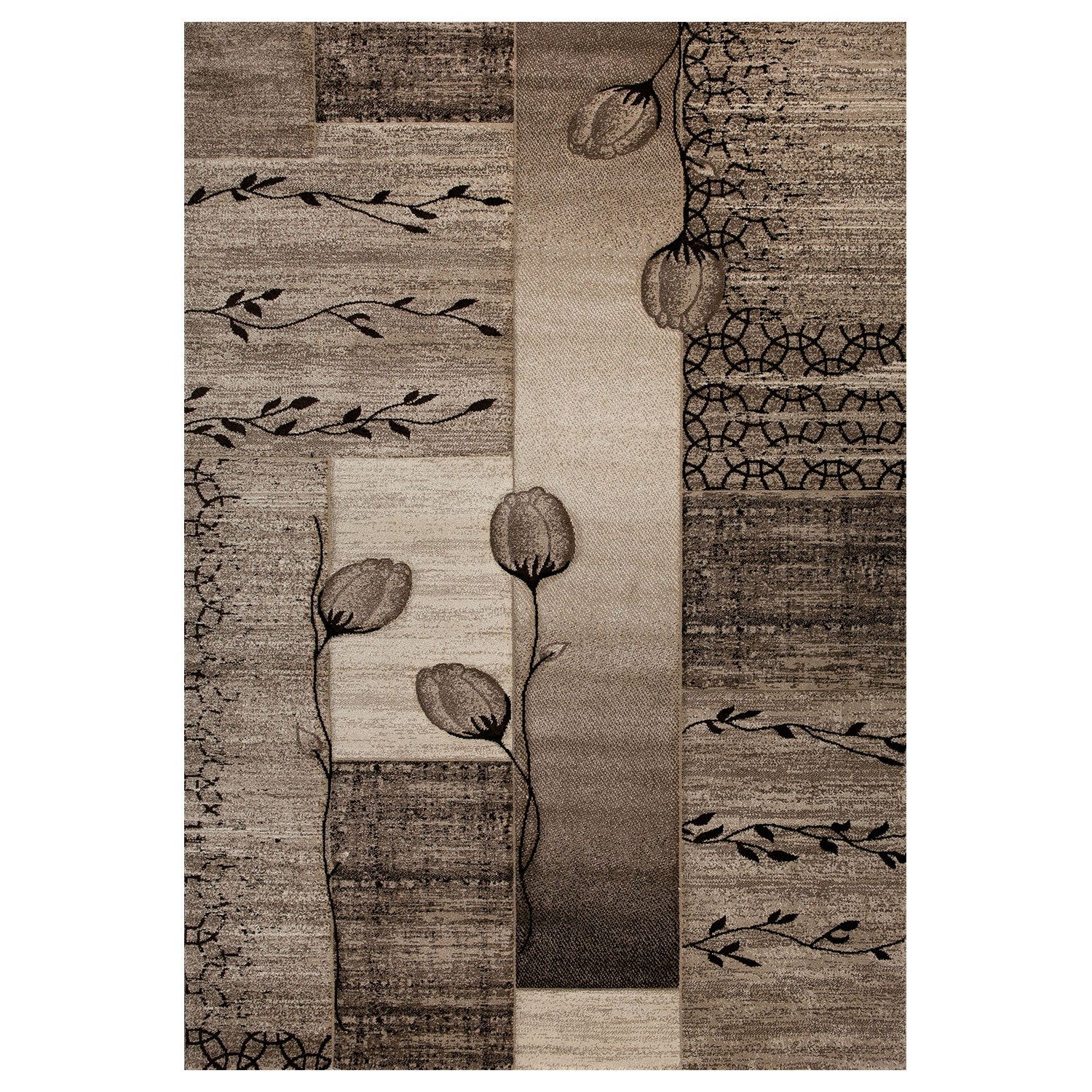 Designer Teppich Wohnzimmer Naturfarben Beige Braun mit Floralem Motiv