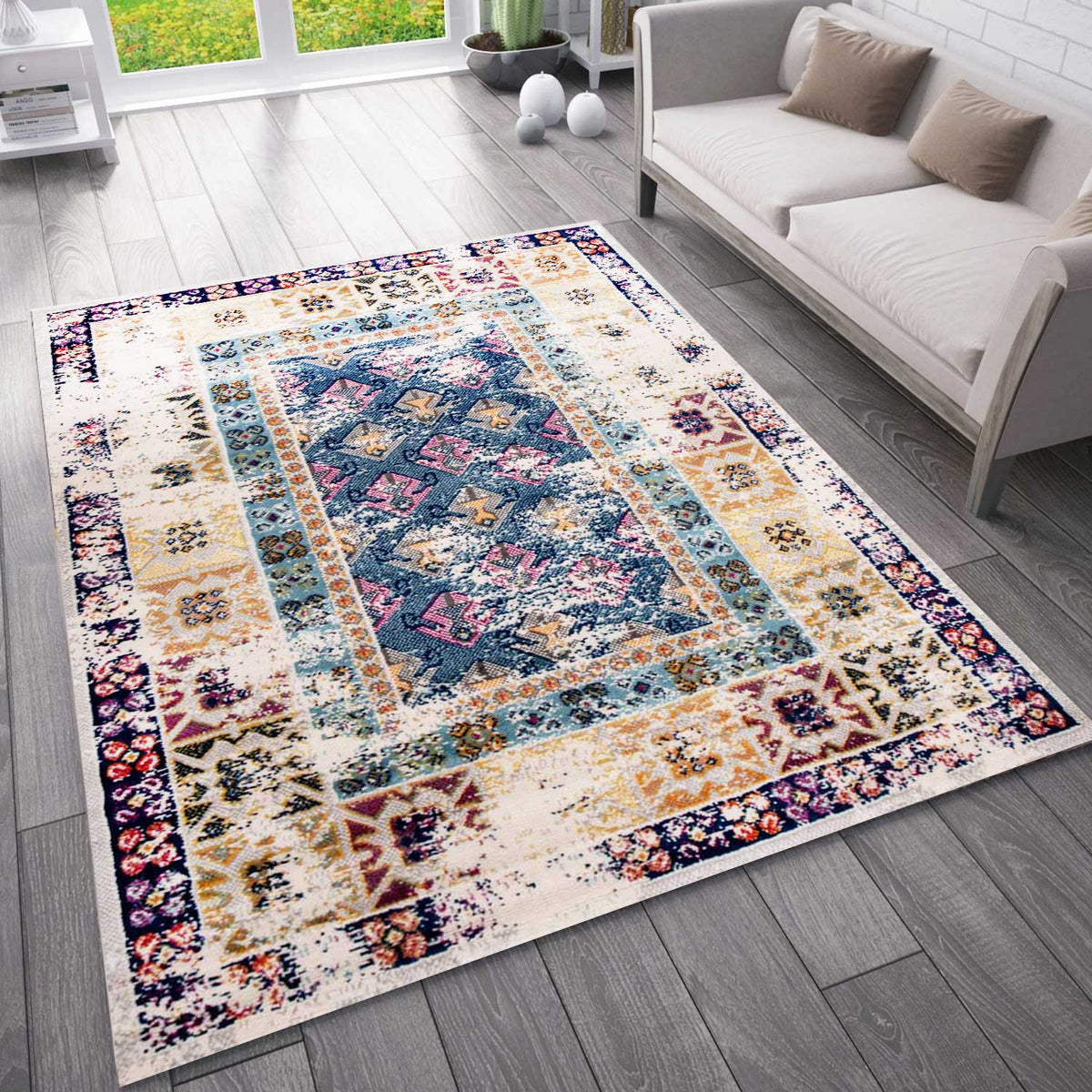 Vintage Oriental Rug Living Room Short Pile Blue Terracotta Cream