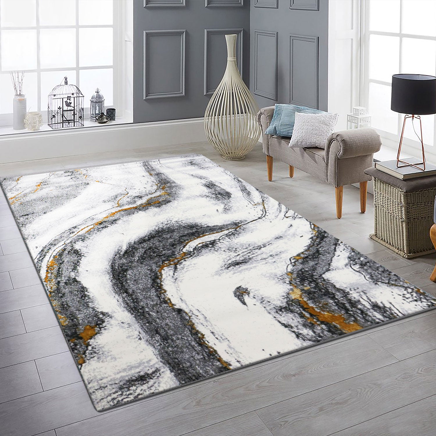Wohnzimmer Teppich mit Marmor-Optik in Grau und Gold Tönen Glanz Modern-1