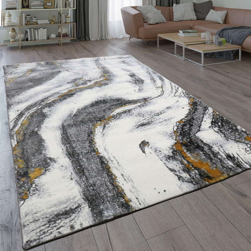 Wohnzimmer Teppich mit Marmor-Optik in Grau und Gold Tönen Glanz Modern-zoom-