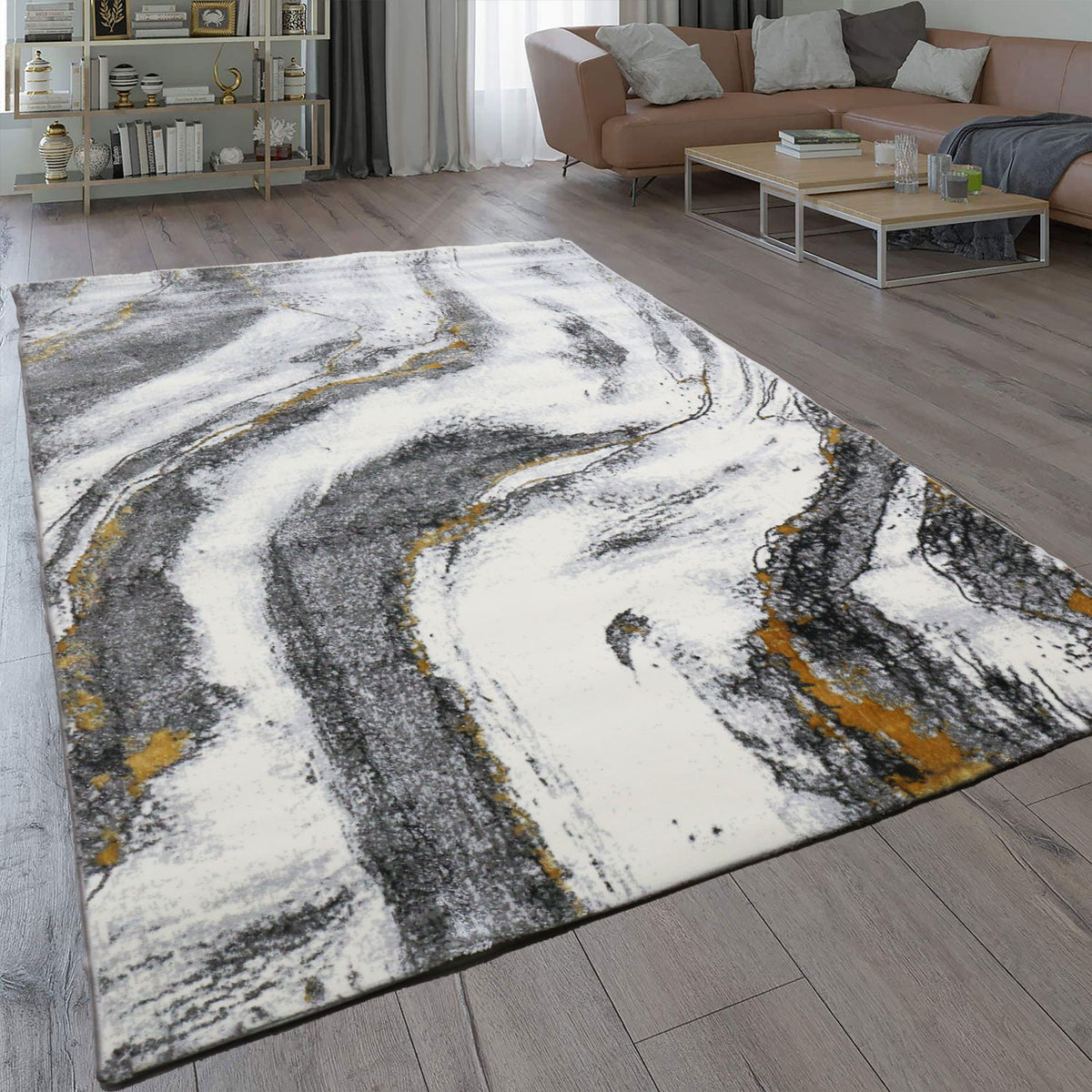 Living room rug with marble look in gray and gold tones, glossy, modern-3